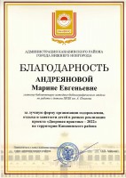 Благодарность администрации Канавинского района за реализацию проекта ''Дворовая практика - 2022''. Сентябрь 2022 года