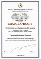 Благодарность Собениковой Е.П. от депутата Беднякова Д.И. Апрель 2024 года
