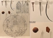 Писала – инструменты для письма по бересте и воску (железо) и фрагменты грузила и сосуда с граффити (керамика)
