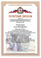 Почетный диплом губернатора Нижегородской области директору Канавинской ЦБС А.И. Игошиной. 23 мая 2016 года