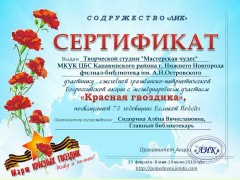 Сертификат творческой студии ''Мастерская чудес'' - участника ежегодной гражданско-патриотической Всероссийской акции с международным участием ''Красная гвоздика''. Июнь 2018 года