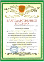 Благодарственное письмо Дзержинского санаторного детского дома Марахтановой Ю.А. Декабрь 2022 года