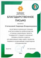 Благодарственное письмо АНО «Общественное самоуправление Нижнего Новгорода» Степановой Н.В. Ноябрь 2024 года