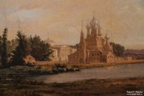 Раев В.Е. (1808-1871). Вид пруда, церкви и дворца в подмосковной усадьбе Шереметевых Останкино. Фрагмент. 1858. Холст, масло