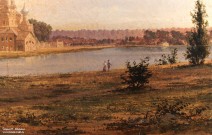 Раев В.Е. (1808-1871). Вид пруда, церкви и дворца в подмосковной усадьбе Шереметевых Останкино. Фрагмент. 1858. Холст, масло