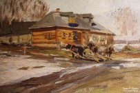 Аладжалов М.Х. (1862-1934). Весенний пейзаж. Этюд. Фрагмент. 1916-1917. Прессованный картон, масло