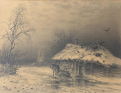 Козлов Ю.Н. (середина XIX — начало XX вв.). Зимний пейзаж с церковью. Последняя четверть XIX в. Бумага на картоне, карандаш. С сайта ar.culture.ru